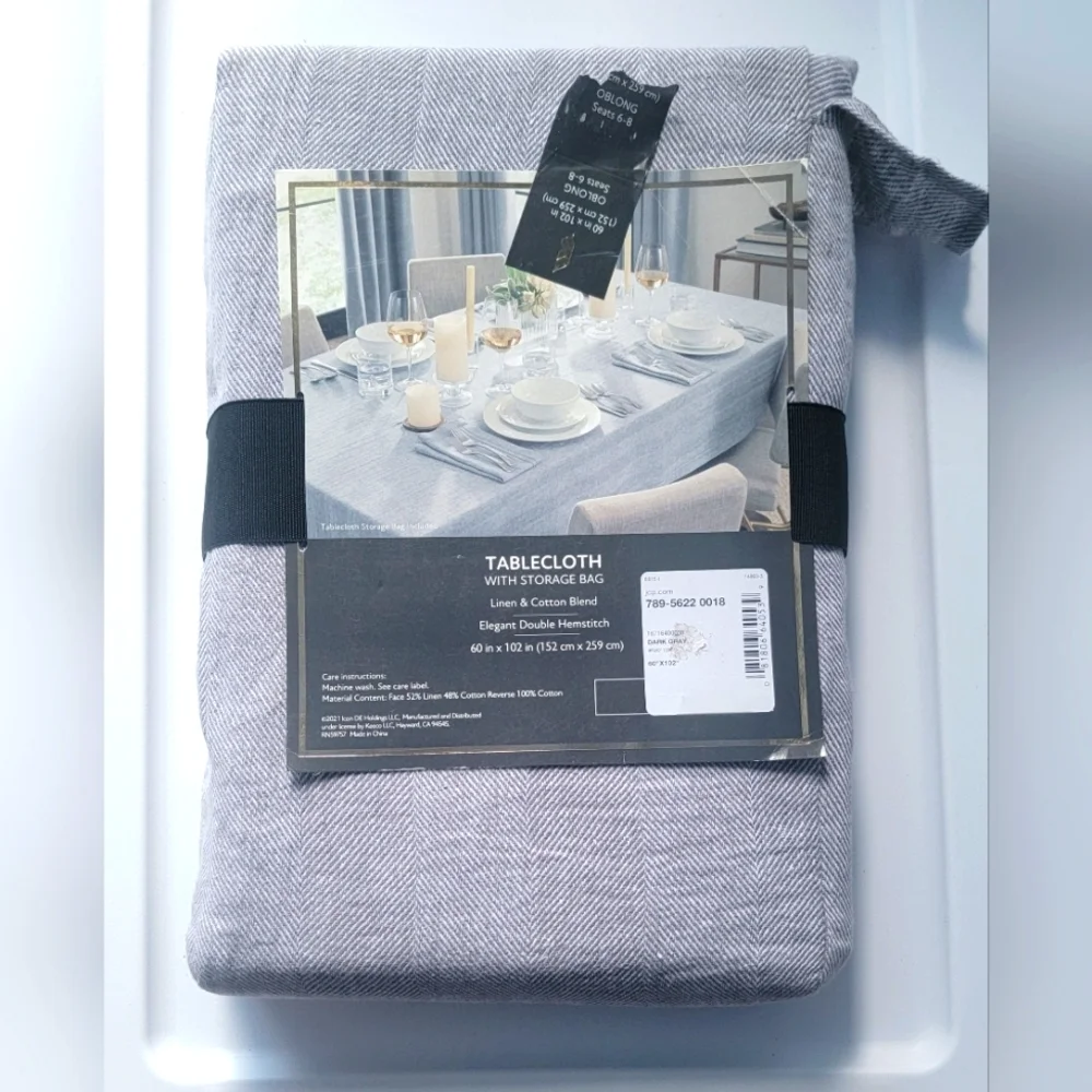 Fieldcrest Luxury Cotton Linen Harringbone Tablecloth 60 x 102 Dark Gray